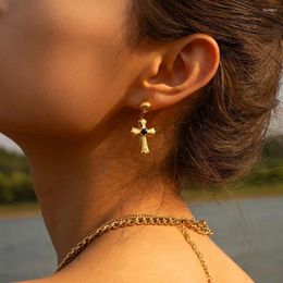 Stud Earrings Uworld Vintage Stainless Steel Natural Tiger Eye Stone Cross Pendant Fashion Metal Waterproof Jewellery For Women Bijoux