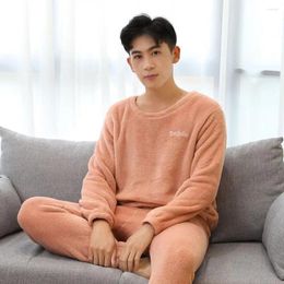 Men's Sleepwear Thickened Pyjamas Set Thick Fleece Winter Round Neck Long Sleeve Thermal Top Pants Cold Resistant For Cosy