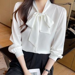 Women's Blouses Ribbon Shirt 2023 Autumn White Long Sleeve Blouse Chiffon Bow Womens Tops Elegant OL Female Clothing