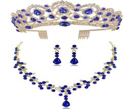 DIEZI New Red Green Blue Crown And Necklace Earring Jewelry Set Tiara Rhinestone Wedding Bridal Jewelry Sets Accessories2305878