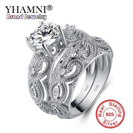 YHAMNI New 2Pcs Hollow Love Heart Flower Ring 100% 925 Sterling Silver Engagement Wedding Ring Set Jewellery For Women LRA0266284K
