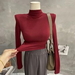 Women's T Shirts SY'sYouthfully Shoulder Pad Women Autumn Winter Fleece Tops Solid Long Sleeve Elastic Slim Turtleneck Cotton Shirt