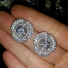 Super Shinning Luxury Jewelry Real 925 Sterling Silver Princess Cut White Topaz CZ Diamond Gemstone Camellia Women Flower Stud Ear333O
