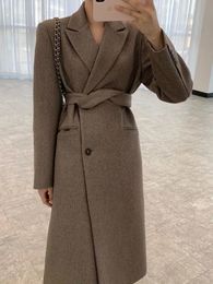 Women's Wool Blends Women Elegant Long Woolen Coat With Belt Solid Color Long Sleeve Chic Korea Style Outerwear Ladies Overcoat 231213