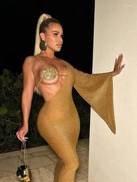 Casual Dresses Women Celebrity Sexy One Shoulder Single Sleeve Sparkly Gold Midi Bandage Dress 2023 Elegant Evening Club Party