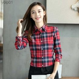 Women's Blouses Shirts 2023 New Fine Cotton Plaid Shirt Fege Style Women's Blouses Long Sle Flannel Shirt Blusas Lady Elegant Tops ClothesL231214