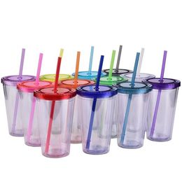 Mugs Acrylic Transparent Double Wall Tumblers Insulated Plastic Cup Cold Beverage Drinking Mug Reusable With StrawsMugs227M
