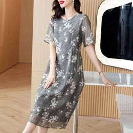 Party Dresses Summer Fashion Silk V-Neck Printed Dress For Women 2023 Versatile Short Sleeve Loose Fit Casual Holiday Vestids