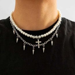 Pendant Necklaces Trendy Punk Imitation Pearl Bead Chain Spikes/Cross Pendant Necklace Men Hiphop Layered Choker Set 2024 Fashion Jewellery J231213