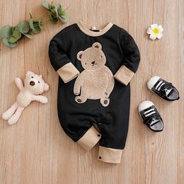 Rompers Spring And Autumn Boys Girls Cute Cartoon Teddy Bear Short Plush Embroidered Long Sleeve Baby Bodysuit 231214