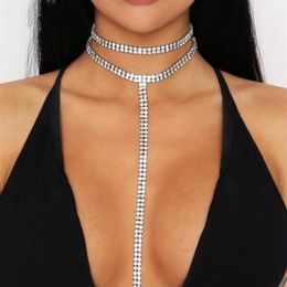 Chokers Double T-shape Long Tassel Rhinestone Choker Necklace For Women Luxury Crystal Collares Chockers Chain Fashion Jewelry235c