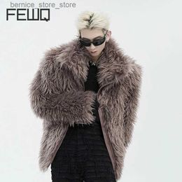 Men's Fur Faux Fur FEWQ Men's Fur Coat Winter Stand Collar Silhouette 2023 Solid Colour Long Sleeve High Street Zipper Male Tops Fashion 24X3220 Q231212