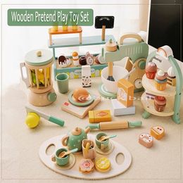 Kitchens Play Food Kids Wooden Toys Simulation Kitchen Toy Pretend Afternoon Tea Dessert Coffee Machine Mixer Juicer Ice Cream Gift For Chlid 231213