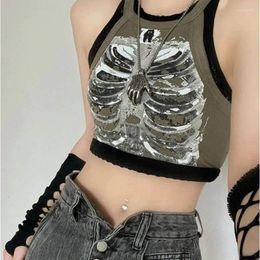 Women's Tanks Punk Aesthetic Cyber Retro X-ray Skeleton Print Rib Sleeveless Vest ArmyGreen Crop Top Designer Clothes Women 2024 Summer Emo