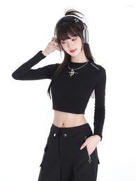 Women's T Shirts ABG Sexy Metal Simplicity Round Neck Long Sleeve T-shirt Sweet Cool Style Slimming And Tight Crop Top Shoulder Short