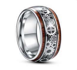 10mm Inlaid Wood Grain Gear Pattern Tungsten Carbide Ring Men039s Fashion Silver Colour Mens Jewellery Wedding Rings4417025