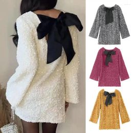 Casual Dresses Women Dress Shiny Sequin Round Neck Loose Long Sleeve Big Back Bow Decor Sparkling Above Knee Length Pullover Lady Spring