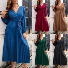 Casual Dresses Womens Summer Wrap V Neck Pleated Sleeves Layered Midi Dress Tie Waist A Line Long Beach Athletic