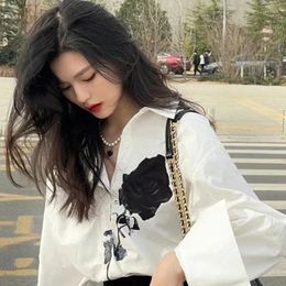 Women's Blouses DUOFAN White Long Sleeved Shirts Women Rose Printed Design Spring Summer 2023 Lady Casual Loose Tops Blusas