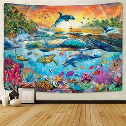 Tapestries Beautiful Rainbow Big Turtle Dolphin Tapestry Wall Carpets Hanging Ocean Decorative Boho Yoga Picnic Mat Beach Towel 231213