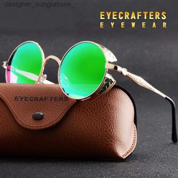 Sunglasses 2020 Polarised Gothic Steampunk Sunglasses Coating Mirrored Round Circle Sun glasses Retro Vintage Gafas Masculino GreenL231214