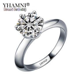YHAMNI Stamped 18KRGP White Gold Rings For Women 8mm 2 Carat 6 Claws Cubic Zirconia Engagement Gift Wedding Rings R168266I