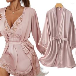 Women's Sleepwear 2PCS Robe Set Nightgown Embroider Lace Wedding Bathrobe Gown Sexy Satin Summer Home Wear Nightdress Lingerie