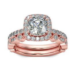 Rose Gold Rings For Women 2PCS Sparkling Rhinestone Rings Set Bridal Engagement Wedding Band Jewelry205D