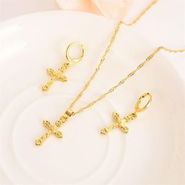 Bright 18 k fine solid gold GF small cross Pendant chain Earrings sets Christian Jesus bridal Gifts handsome Young208S