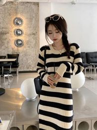 Casual Dresses Deeptown Korean Style Chic Striped Knit Dress Women Elegant Vintage One Piece Long Sleeve Midi Vestidos Winter