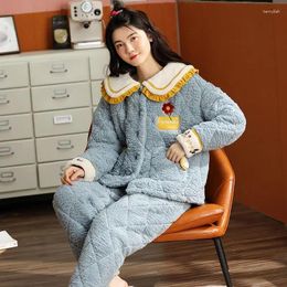Women's Sleepwear 2024 Coral Velvet Pajamas Autumn Winter Three-layer Padded Plush Girls Warm Hooded Flannel Loungewear Set