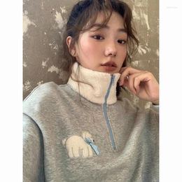 Women's Hoodies Polo Neck Plush Sweater Women Korean College Half Zipper Splice Puppy Sweet Fashion Warm Comfort Winter Loose Lady Pullover