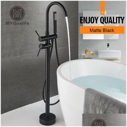 Bathtub Faucets Matte Black Floorstanding Faucet Set Dual Ceramic Handle Floor Mounted Claw Foot Bath Tub Mixers Swive Spout Drop De Dhqza