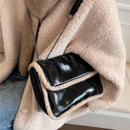 Evening Bags Burminsa Lamb Wool Trimmed Chain Shoulder For Women 2024 Trend Designer Satchel Crossbody Bag PU Leather Ladies Handbags