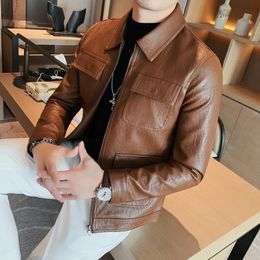 Men's Jackets Autumn Leather Jackets Men Single-breasted Lapels Slim PU Leather Coat Casual Motorcycle Bike Jacket Streetwear Size S-3XL 231213