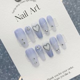 False Nails Handmade Gentle Blue Press on Acrylic Nails with Rhinestone Korean Reusable Fake Nails Artifical Full Cover Nail Tips for Girls 231214