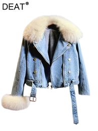 Women s Jackets DEAT Denim Coat Detachable Fur Collar Double Breasted Belt Waist Thick Warm 2023 Winter Fashion 29L3737 231213