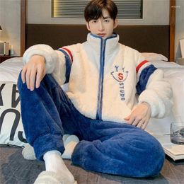 Men's Sleepwear Patchwork Winter Warm Men Pyjamas Set Stand Collar Fluffy Coat Long Pants Coral Fleece For Sleeping Homewear