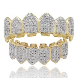 NEW Hip Hop GRILLZ Iced Out CZ Mouth Teeth Grillz Caps Top & Bottom Grill Set Men Women Vampire Grills235B