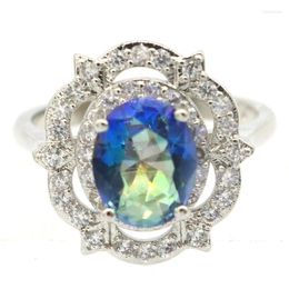 Cluster Rings 17x16mm Amazing Eye Catching 3.5g Fire Rainbow Mystic Topaz White CZ Woman's Present Silver