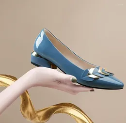 Dress Shoes Low Heel Elegant Blue Normal Leather Casual For Women 2023 Ladies Summer Footwear Pointed Toe Spring Young 39