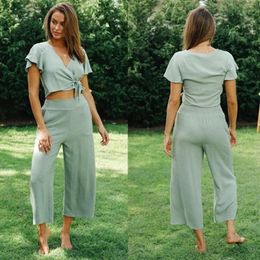 Women's Two Piece Pants Donsignet Fashion Solid Sexy Casual Womens Suit V-Neck Bandage Short Flare Sleeve Shirt Wide Leg Two-piece Women
