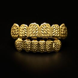 Bio Copper 18K Gold Plated Hip Hop Bling Jewelry Teeth Grillz Caps Top & Bottom Golden Grill Set Tooth Socket Hallowmas Party Prop271t