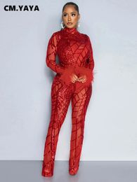 Women's Jumpsuits Rompers CM.YAYA Women Mesh See Though Sequined Striped Wide Leg Jumpsuit 2024 Sexy Party Feather Sleeve Suit Romper Playsuit 231213