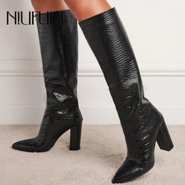 Boots Black Snake Print Pointed Thick High Heels Knee High Long Tube Women's Boots Winter Slip-On Botas Gladiator Sexy Ladies Shoes 231213