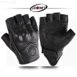 Motorcycle Gloves Summer Half Finger Motorcycle Gloves Retro Black Leather Perforated Motorbike Motocross Fingerless Gloves Men Women Riding GloveL2312.14