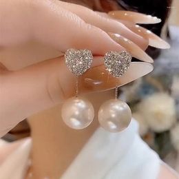 Dangle Earrings 2024 Trend Crytal Love Heart Pearl Dangel Korean Elegant Woman Jewelry Rhinestones Summer Party Gift Accessories