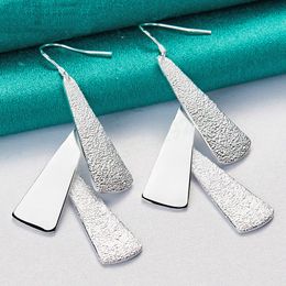 925 Sterling Silver Frosted Long Geometric Drop Earrings Charm Women Jewelry Fashion Wedding Engagement Party Gift