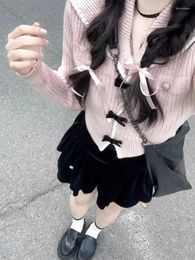 Women's Sweaters 2023 Autumn Pink Sweet Cardigan Long Sleeve Y2k High Waist Knitted Coats Tops Japan Style Bow Kawaii Slim Fit Women