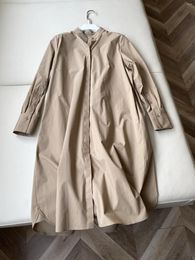 Casual Dresses 2023 Women Fashion Long Sleeve Khaki Small Stand-up Neck Back Triangular Pleated Dress 0808